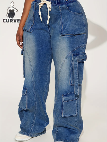 Large Sized Multi Pocket Waist And Headband with Elastic Drawstring Denim Workwear Pants