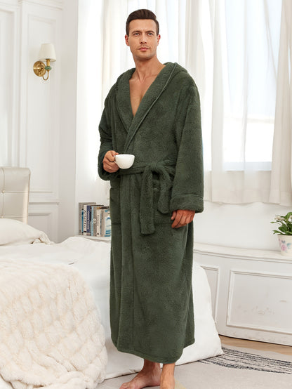 Men'S Thickened Flannel Hooded Bathrobe - Soft Plush Long Sleeve Robe with Pockets, Warm & Breathable Winterrobe for Home, Spa