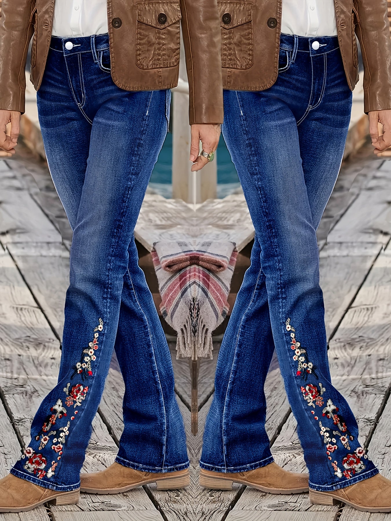 Women's Plus Size Light Blue Solid Denim Jeans - Side Ankle Floral Embroidery Whiskered Flared Legs High-Waisted Medium Stretch - Elegant Comfort Date Night Outing Plus Size Denim