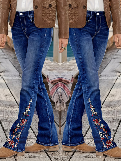 Women's Plus Size Light Blue Solid Denim Jeans - Side Ankle Floral Embroidery Whiskered Flared Legs High-Waisted Medium Stretch - Elegant Comfort Date Night Outing Plus Size Denim