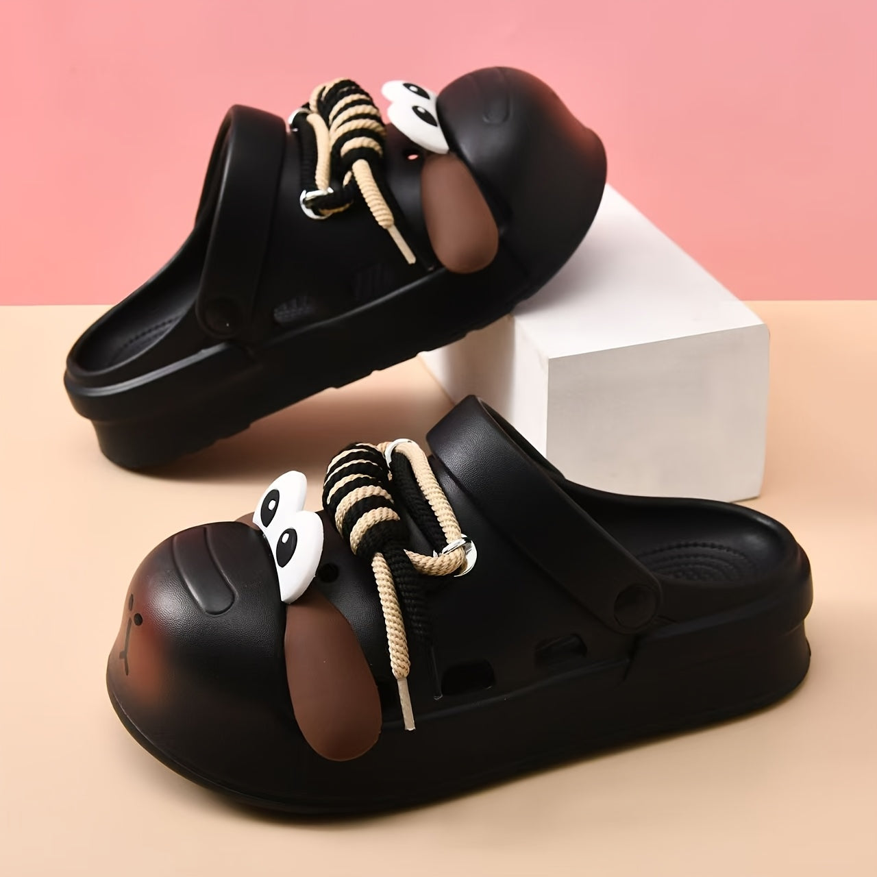 Women's Cute Cartoon Dog Design EVA Clogs - Summer Slip-On Sandals with Thick Sole, Non-Slip Beach Shoes, Beige & Brown Accents, Fun and Functional for Outdoor Play, Casual Footwear | Playful Shoe Design | Smooth Texture Footwear, Women Shoes