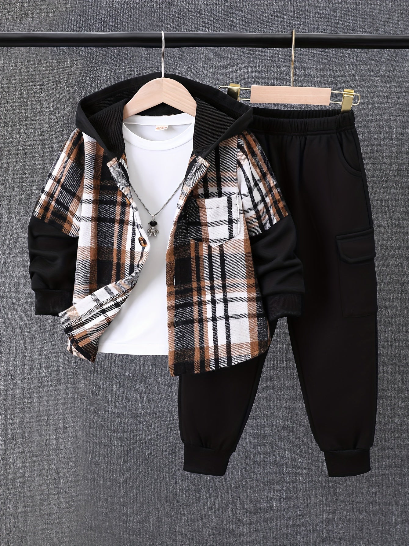 2pcs, Autumn And Winter New Boys' Long-Sleeve Plaid Cardigan Suit Boys' Puff Hooded Jacket Boys' Fashion Work Pants, for Outdoor