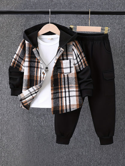 2pcs, Autumn And Winter New Boys' Long-Sleeve Plaid Cardigan Suit Boys' Puff Hooded Jacket Boys' Fashion Work Pants, for Outdoor