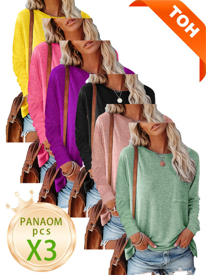 3pcs Women'S Spring And Autumn T Shirt Long Sleeve Chest Pocket Casual Comfort Top