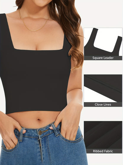 Set of Three Women'S Crop Tank Tops, Featuring a Seamless Ribbed Design, Sleeveless Square Neck, Perfect for Summer Workouts, And
