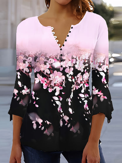 Spring And Autumn New Style Printed Button Irregular Three Quarter Sleeve T-Shirt Casual Top