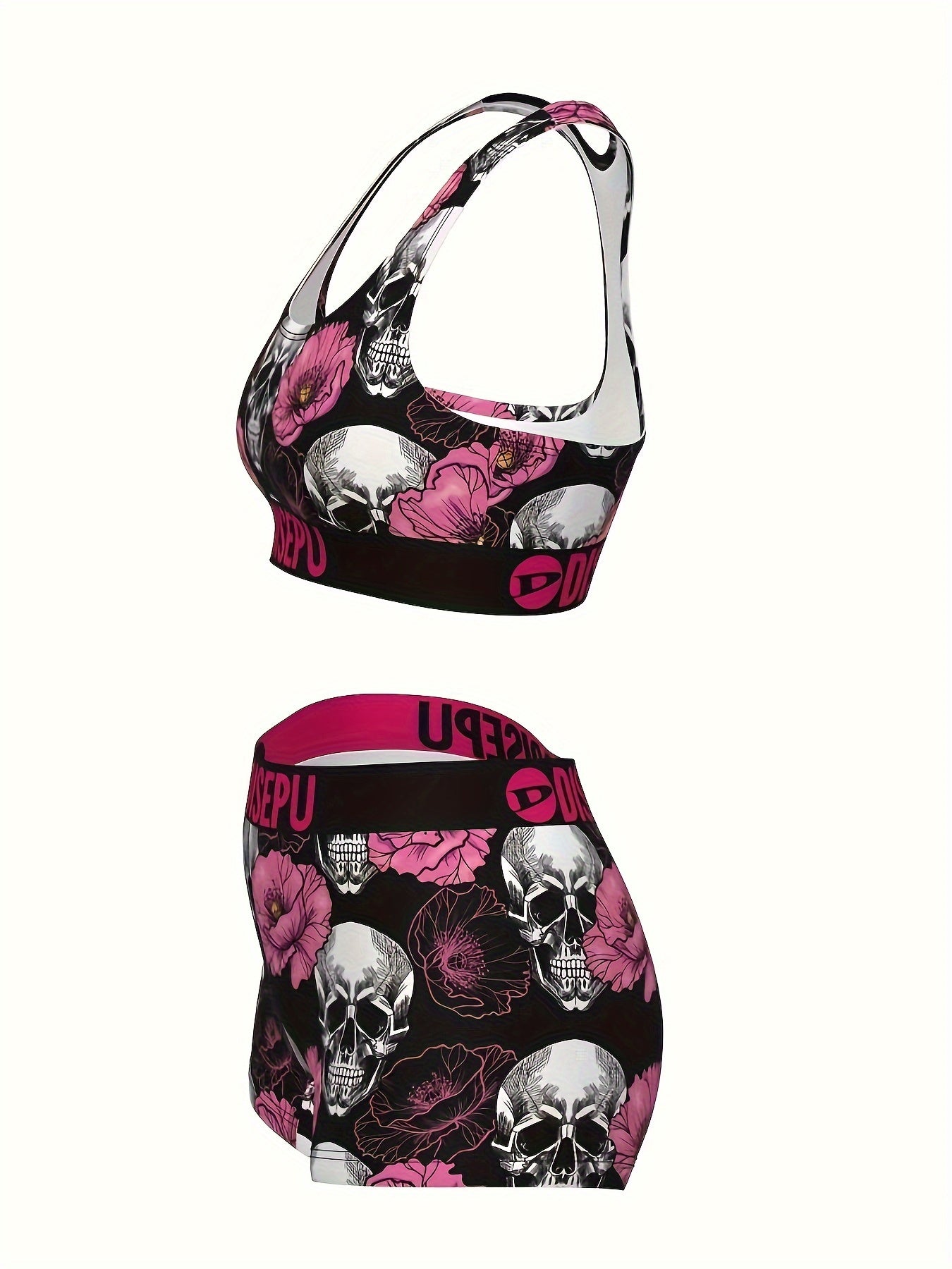 Women's Skull And Pink Flower Print Sports Bra And Shorts Set, Gothic Floral Activewear for Gym, Yoga, Running, Swimming, Halloween Workout, 2pcs Athletic Set, High Stretch Fitness Outfit, Breathable Gymwear, Goth Stylish Loungewear for Daily Use