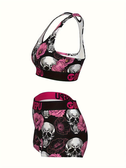 Women's Skull And Pink Flower Print Sports Bra And Shorts Set, Gothic Floral Activewear for Gym, Yoga, Running, Swimming, Halloween Workout, 2pcs Athletic Set, High Stretch Fitness Outfit, Breathable Gymwear, Goth Stylish Loungewear for Daily Use