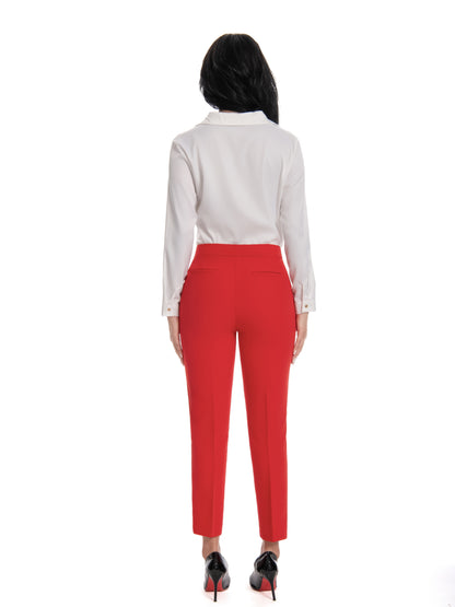 Women'S Mid Waisted Slim Fit Ankle Length Stretch Trousers Vibrant Red High Stretch Fabric with Pockets, Elegant Office Workwear & Evening Out Pants, Machine Washable All-Season Versatile Bottoms, Formal Attire Trousers, Easycare Trouser