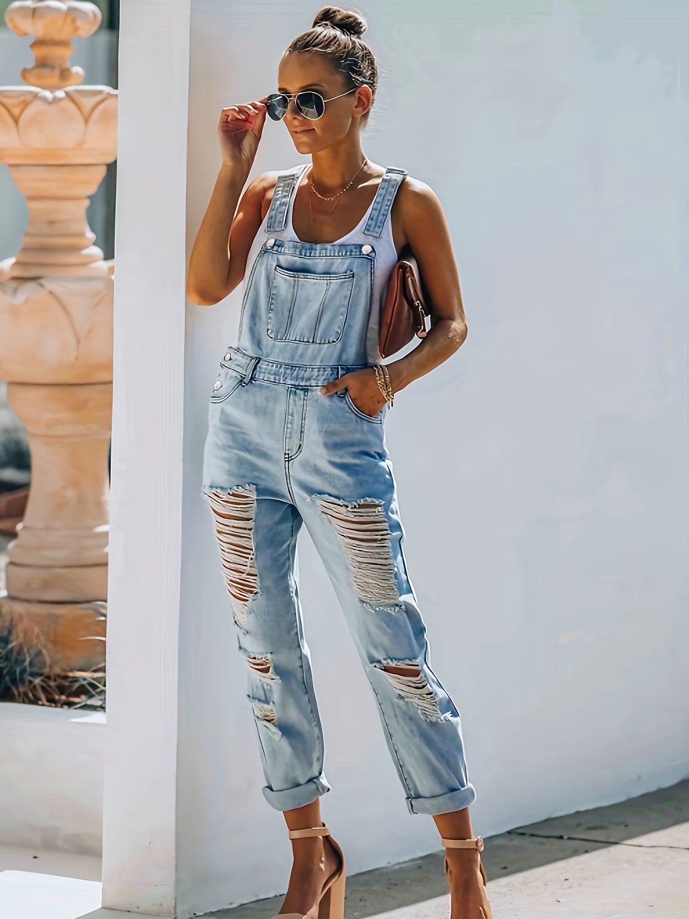 Women'S Blue Denim Overalls Featuring Adjustable Straps, Distressed Accents, And Pockets - a Stylish Backless Jumpsuit Perfect for Gatherings And Outings, Ideal for Outdoor Activities | Rigid Denim Fabric