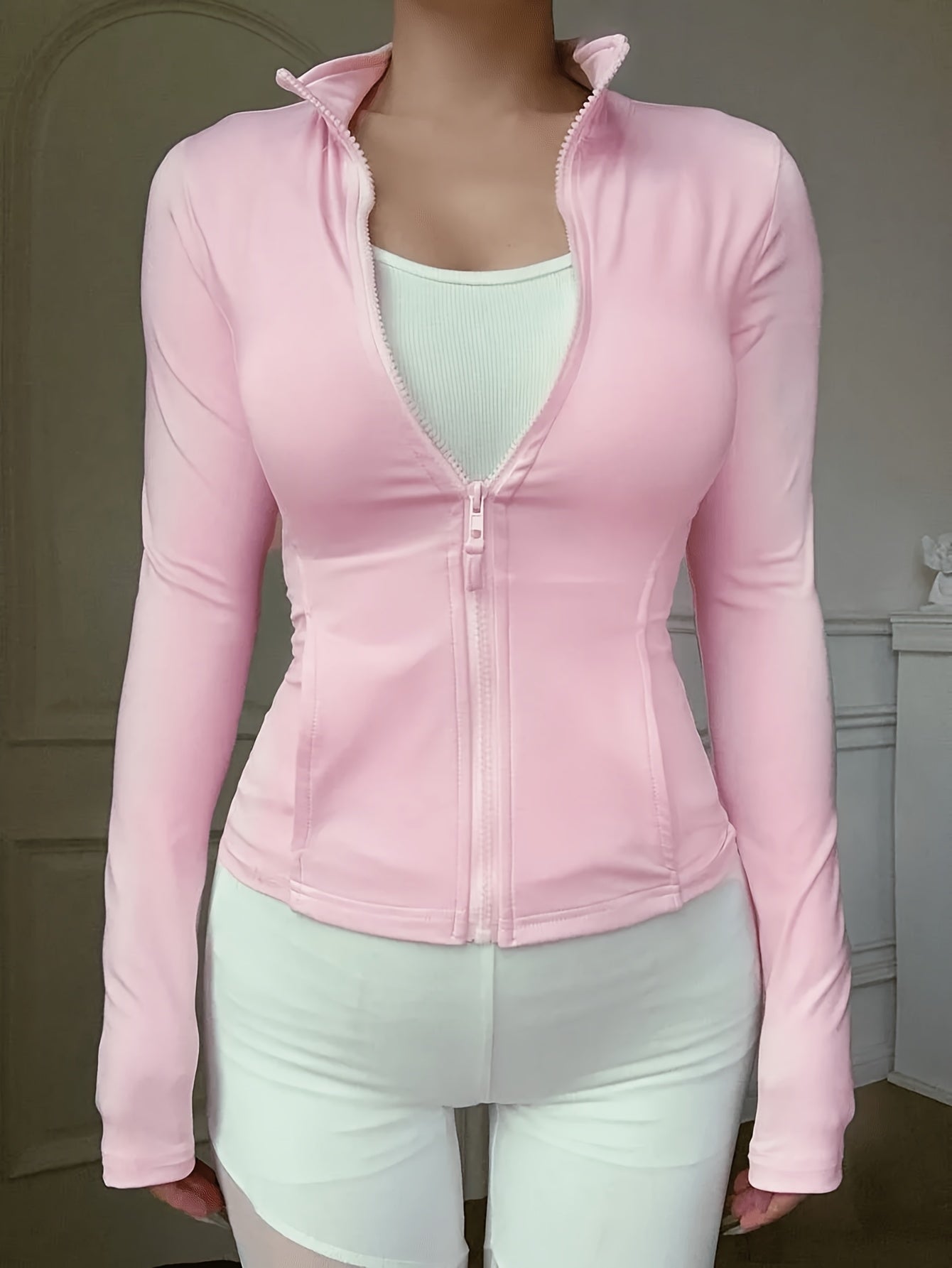 Women'S Athletic Stand Collar Zip-Up Long Sleeve Slim Jacket Waist-Cinching Fitness Casual Sport Top