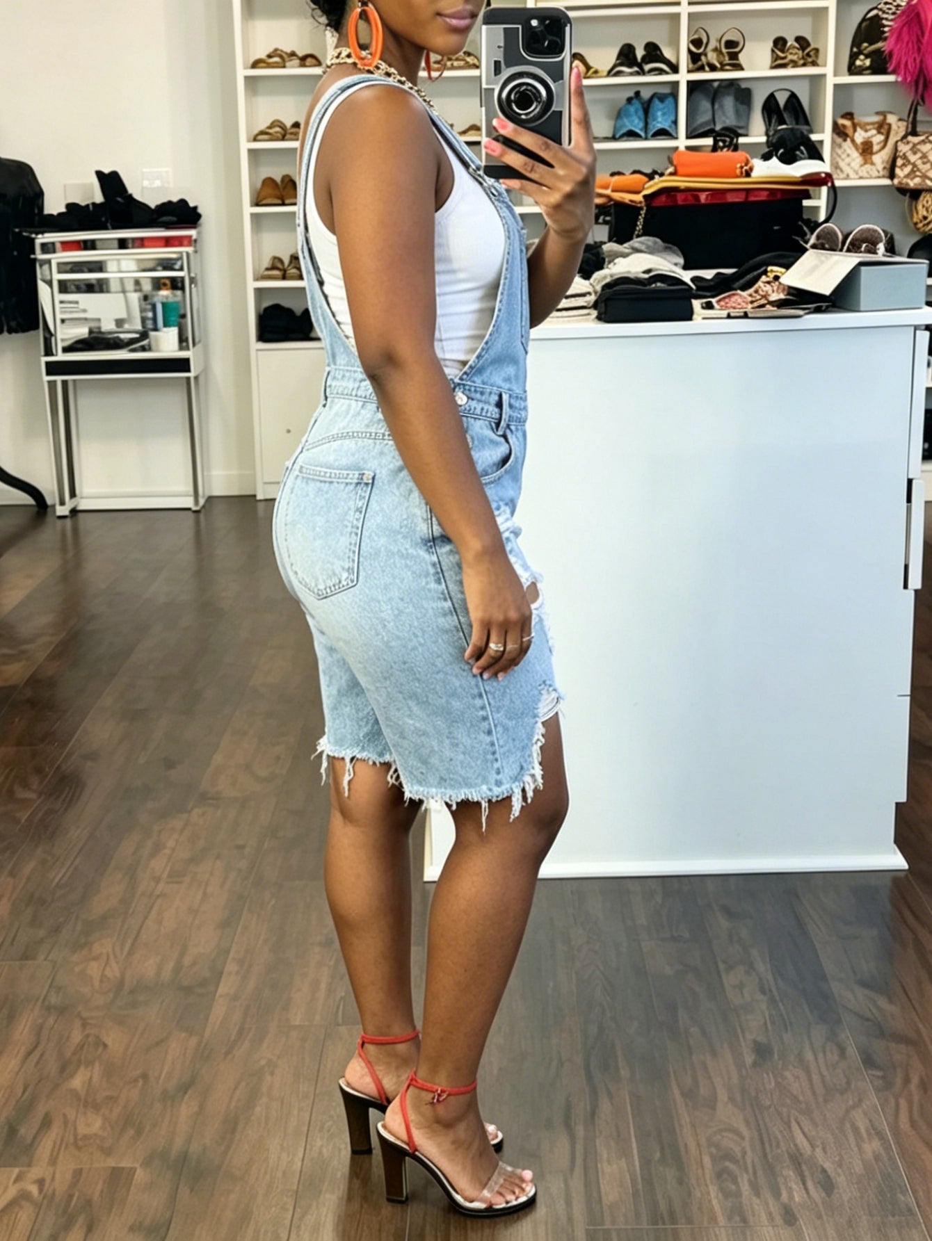 Women'S Denim Overalls - Light Blue Washed Straight Ripped Burrs Denim Jumpsuit