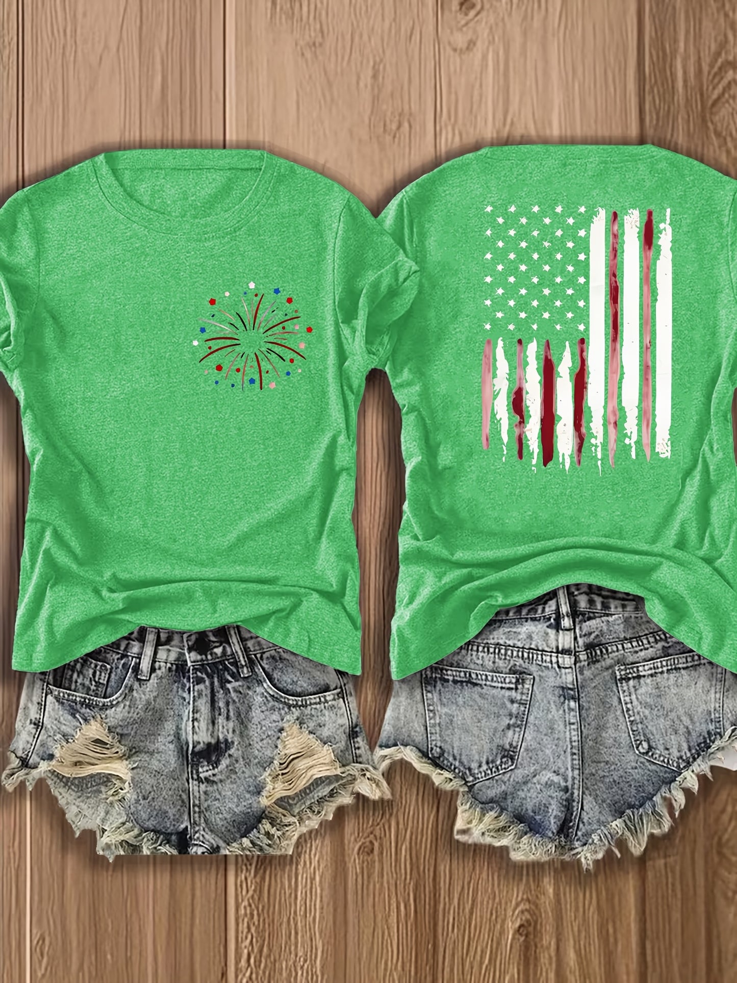 Women'S Summer Crew Neck Short Sleeve T-Shirt, Lightweight & Breathable, American Flag & Fireworks Print, Casual Street Style Top For Daily Wear & Patriotic Celebrations, Comfortable Athletic Outfit