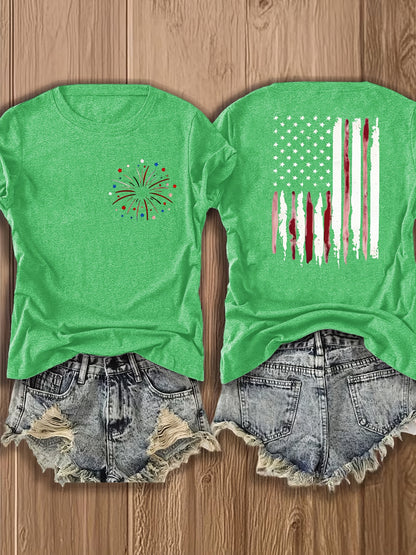 Women'S Summer Crew Neck Short Sleeve T-Shirt, Lightweight & Breathable, American Flag & Fireworks Print, Casual Street Style Top For Daily Wear & Patriotic Celebrations, Comfortable Athletic Outfit