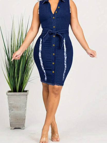 Blue Women's Sleeveless Denim Bodycon Midi Dress - Sexy V-Neck with Front Button Closure, Raw Trim Detail & Stretchy Comfort Fit, Machine Washable All-Season Casual to Evening Dress, Weekend Wear, Comfortable Fit, Trendy Women