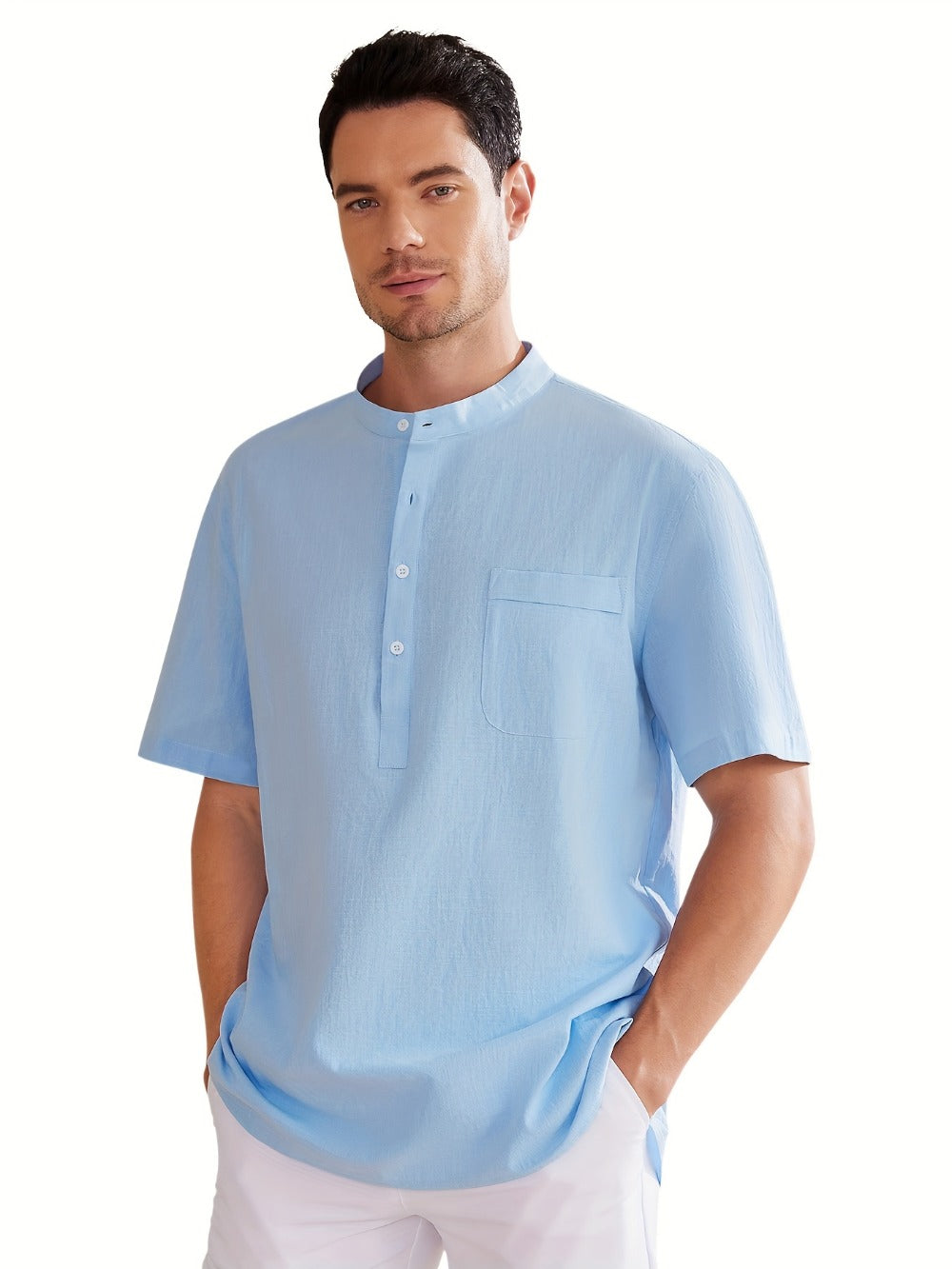 Men's Plus Size Henley Shirt – Sky Blue Short Sleeve