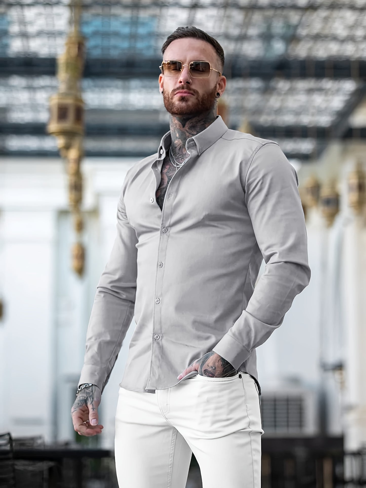 URRU Men's Muscle Fit Slim Stretch Dress Shirt - 4-Way Stretch Fabric (65% Rayon/25% Nylon/10% Spandex), Square Collar, Long Sleeve Button- Casual Shirt for All-Season Wear, Machine Washable Solid Color, Versatile Menswear, Classic Collar Design