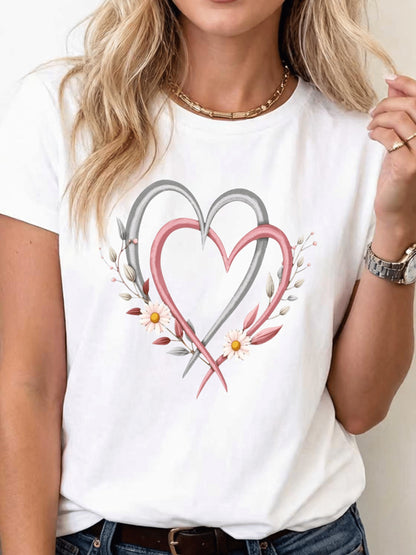 Women's T-shirt, Pink Floral and Heart Pattern| Loose Fit, Round Neck, Slightly Stretchy, Retro Style, Suitable for All Seasons, Casual Top, Perfect for Spring, Summer, and Autumn, a Wardrobe Essential.