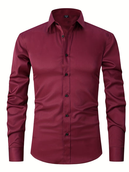 Men's Slim Fit Muscle Shirt - Stretch Polyester Blend Long Sleeve for Body Contouring | Glossy Solid Color Workout & Casual Shirt | Spring/Fall Gym-to-Street Wear (Hand Wash)