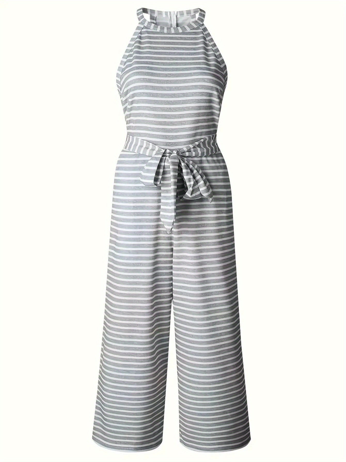 Women's Sleeveless Tank Top Jumpsuit with Decorative Bow Belt - High-Waisted Wide-Leg Pants, Black & White Vertical Stripes, Loose Fit Machine Washable Summer Outfit for Casual Outings & Beach Vacations, Ladies Tank Tops, Warm Weather Clothing, Breathable