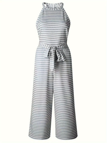 Women's Sleeveless Tank Top Jumpsuit with Decorative Bow Belt - High-Waisted Wide-Leg Pants, Black & White Vertical Stripes, Loose Fit Machine Washable Summer Outfit for Casual Outings & Beach Vacations, Ladies Tank Tops, Warm Weather Clothing, Breathable