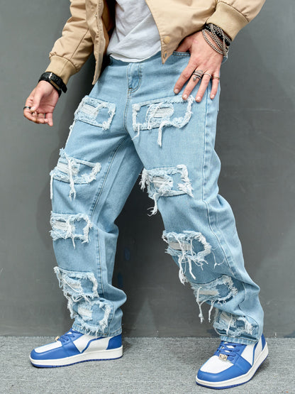 Cross Border New Men's Denim Wide Leg Pants with Smooth Whiskers And Pleats, Loose And Casual, Versatile, Solid Color Wide Leg Men's Long Pants Trend