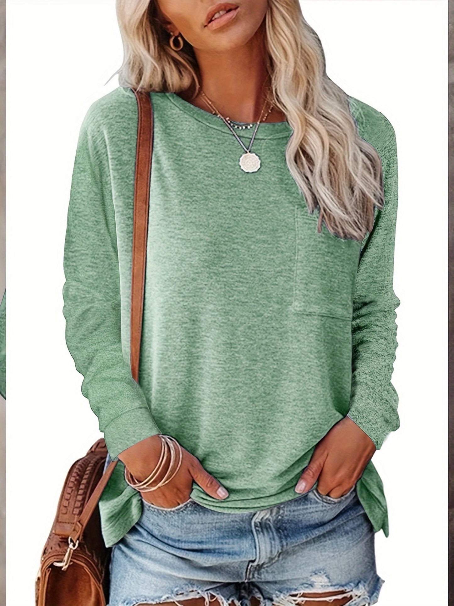3 Long-Sleeved Solid-Color Round-Neck T-Shirts for Women with A Pocket on The Chest, Side Slits at The Hem, Tightened Cuffs, Made of Soft Material, Easy And Versatile, Suitable for Commuting And Going Out. 3 Random Colors of Women'S Top
