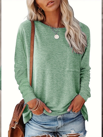 3 Long-Sleeved Solid-Color Round-Neck T-Shirts for Women with A Pocket on The Chest, Side Slits at The Hem, Tightened Cuffs, Made of Soft Material, Easy And Versatile, Suitable for Commuting And Going Out. 3 Random Colors of Women'S Top