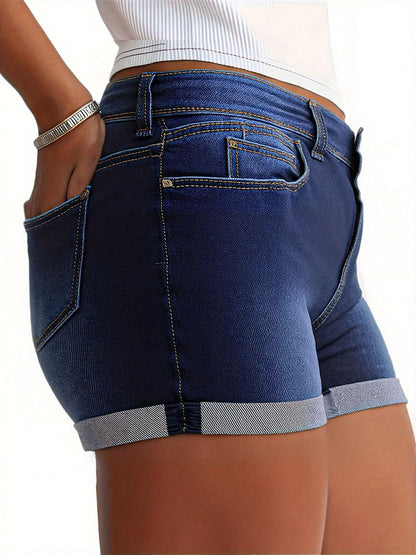Classic Women'S Denim Shorts in a Vintage Mid-Blue Shade, Featuring Rolled Hems And an Exceptionally Comfortable Fit - a Casual Summer Fashion Trend