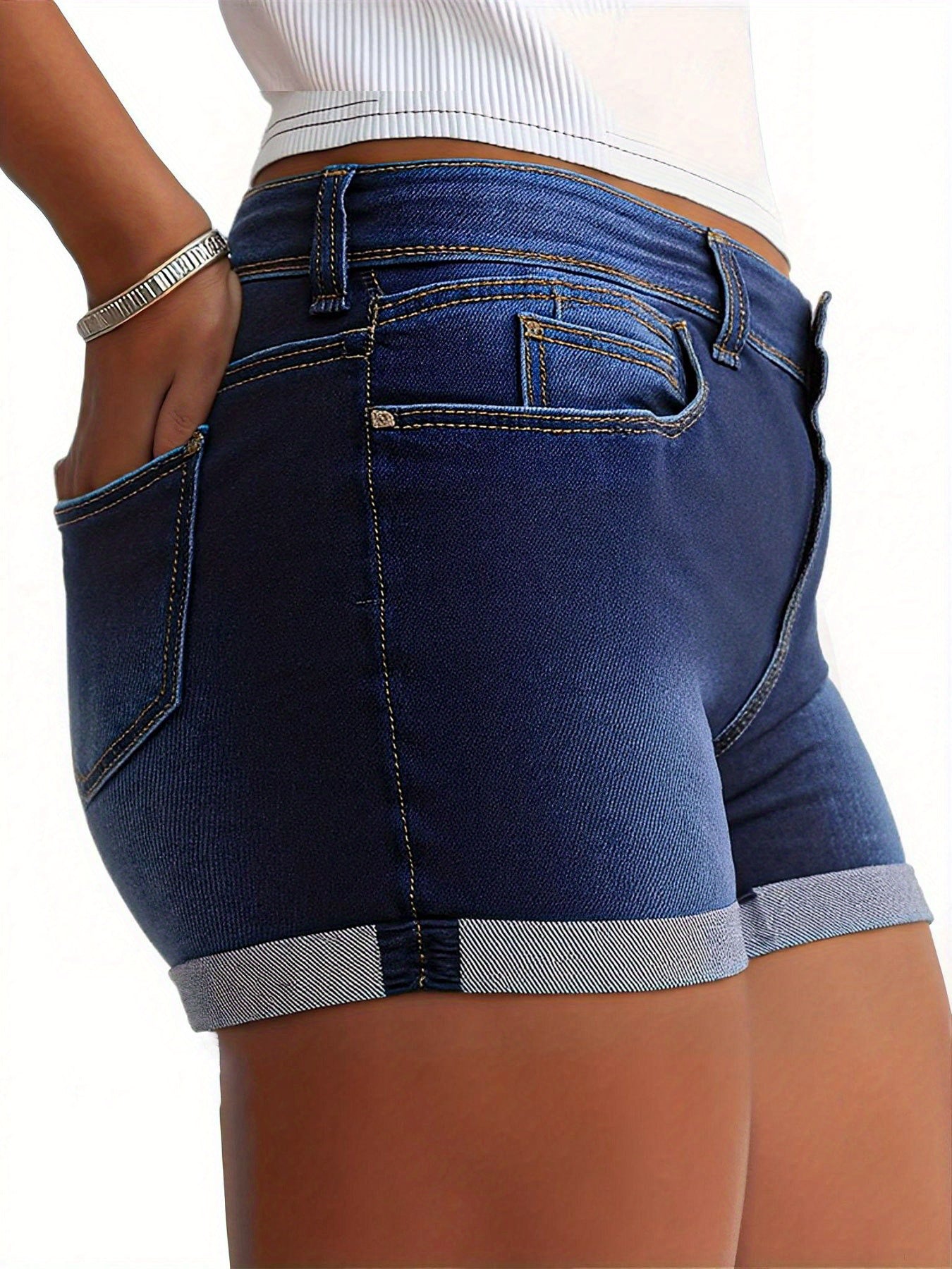 Classic Women'S Denim Shorts in a Vintage Mid-Blue Shade, Featuring Rolled Hems And an Exceptionally Comfortable Fit - a Casual Summer Fashion Trend