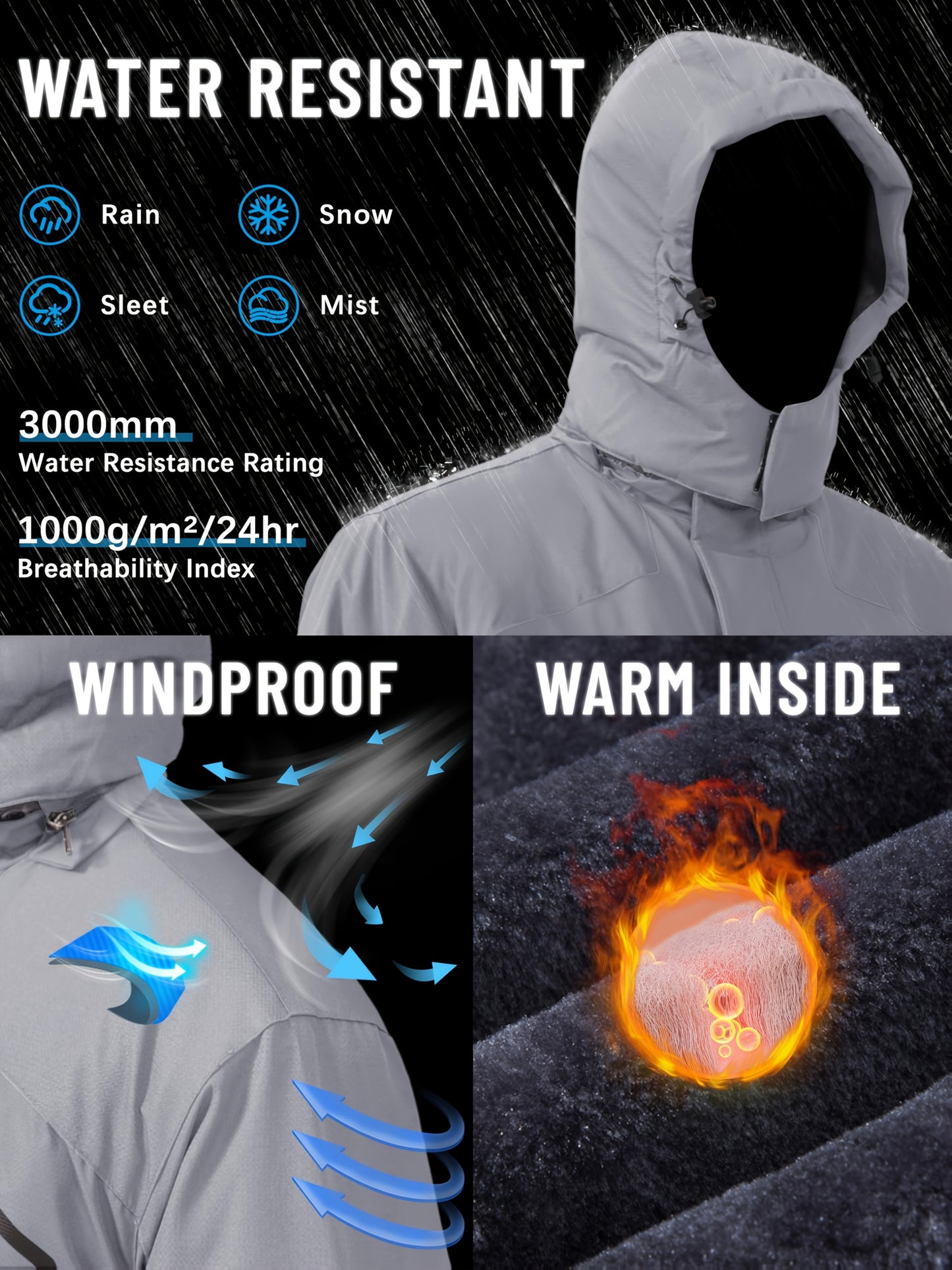 Men'S Winter Ski Jackets Warm Fleece Lined Coats Waterproof Windproof Hooded Thermal Outdoor Parka Thick Sport Hiking Jogging Camping Fishing Climbing Traveling Skiing Snowboarding Casual Windbreaker