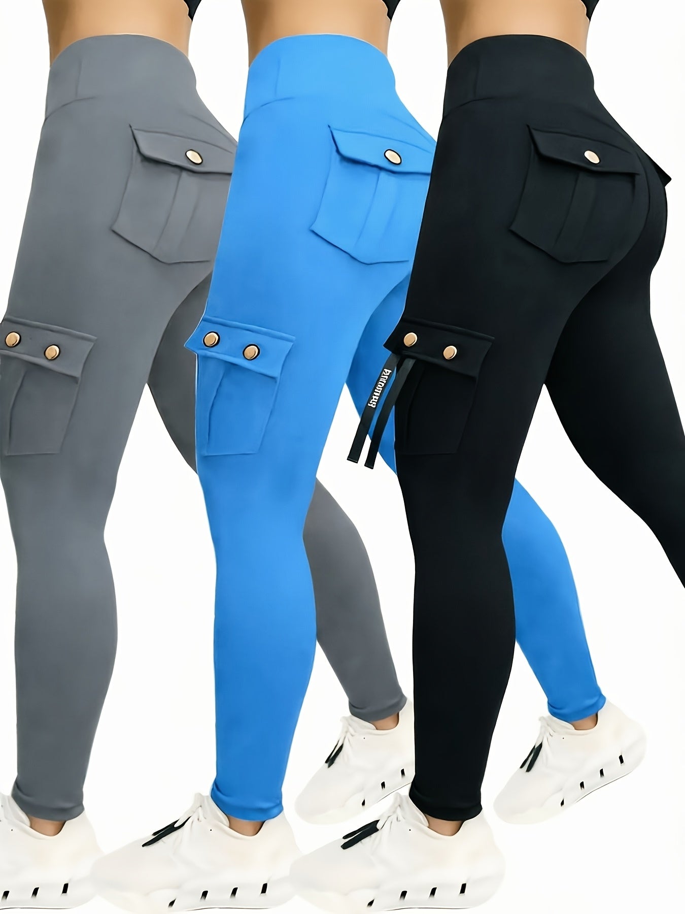 3-Pack High Waisted Cargo Yoga Pants With Slide Pockets - Tummy Control, 4 Pockets, Breathable 4-Way Stretch, Moisture Wicking, Perfect For Running, Gym & Yoga Lovers