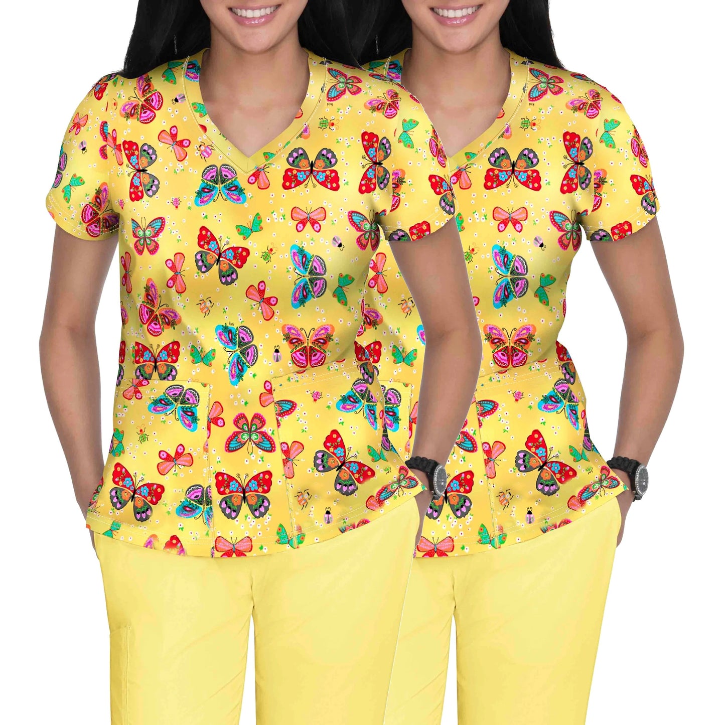 [Trendy Butterfly Print Tops] 2pcs Set of Trendy Butterfly Print Nursing T-Shirts | Digital Full-Print, Slit Pocket V-Neck Casual Tops for Women's Workwear