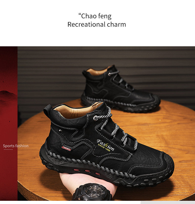 Men's Casual Sneakers, Retro Hand-Stitched Camp Shoes, Slip-Resistant And Durable, Outdoor Enthusiast Hiking Shoes for Urban Commuting, High-Top Shoes