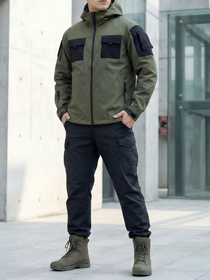 Men's Windproof Outdoor Jacket - Heavy-Duty Full-Zip Hooded Coat with Zippered Pockets, Scratch-Resistant Shell for Hiking, Camping, Hunting (Belt Included) Adjustable Hood -All-in-One Outdoor Shell Coat for Camping Essentials, Rugged Design, Durable