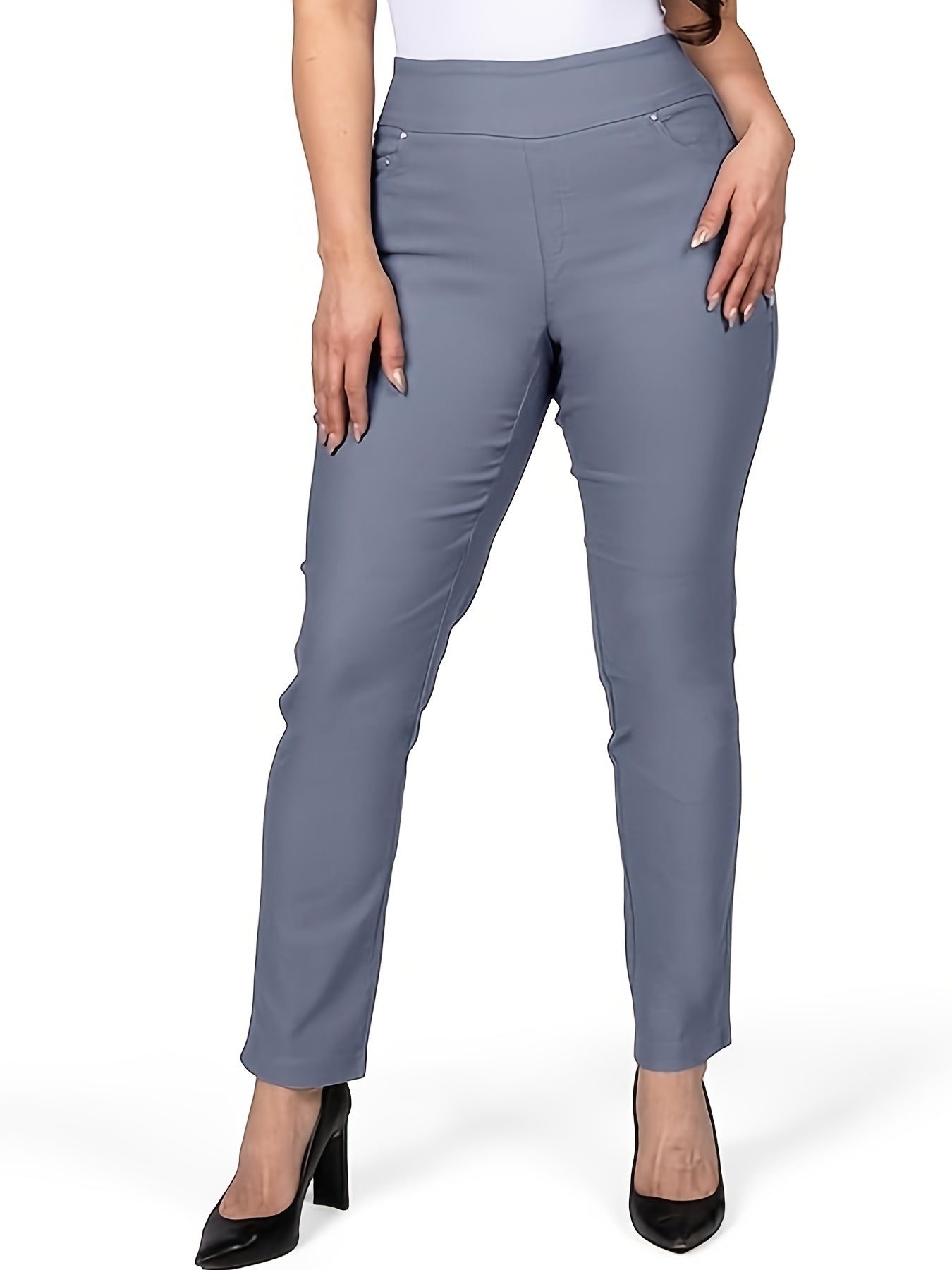 Slim Fit High-Waisted Pants for Women Featuring Five Pockets, Designed for Easy Pull-On Wear, Suitable for Work Or Casual Office Settings