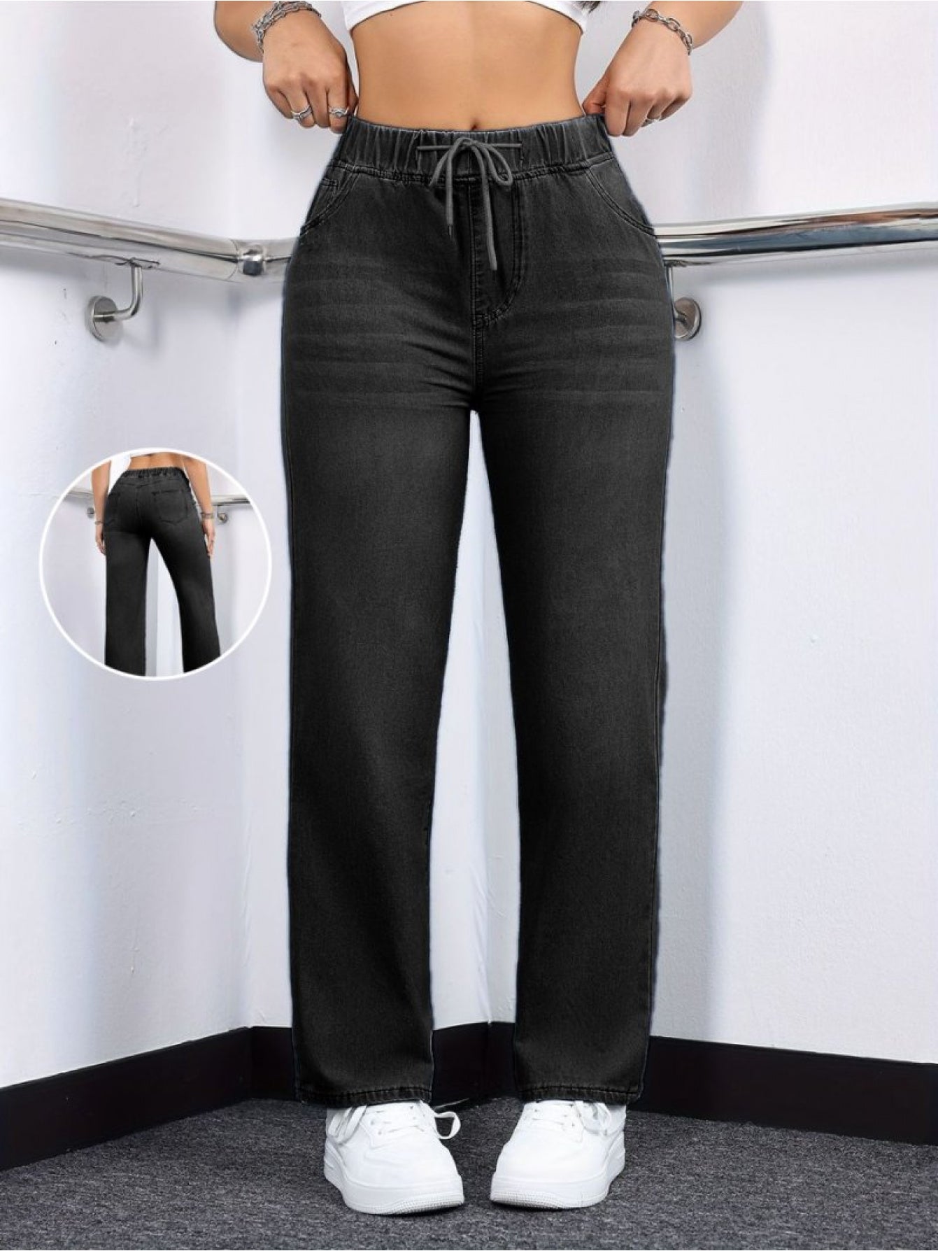 1pc Women's High-Waisted Wide-Leg Jeans Pants - Retro Straight Leg Trousers with Drawstring Waist, Soft- Fabric Suitable for Daily & Streetwear Outfits, Full-Length Bottoms, Hand Washable, Spring/Autumn Wardrobe Essential