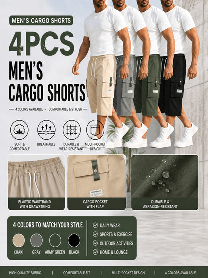 4pcs Men's Cargo Shorts with Ripstop Fabric & Multi-Pocket Design - Adjustable Waist, 7/8 Length Shorts Suitable for Outdoor Travel,, Sports, Casual Wear | Wristband Included | Machine Washable | Available in Black, Gray, Khaki, Army Green