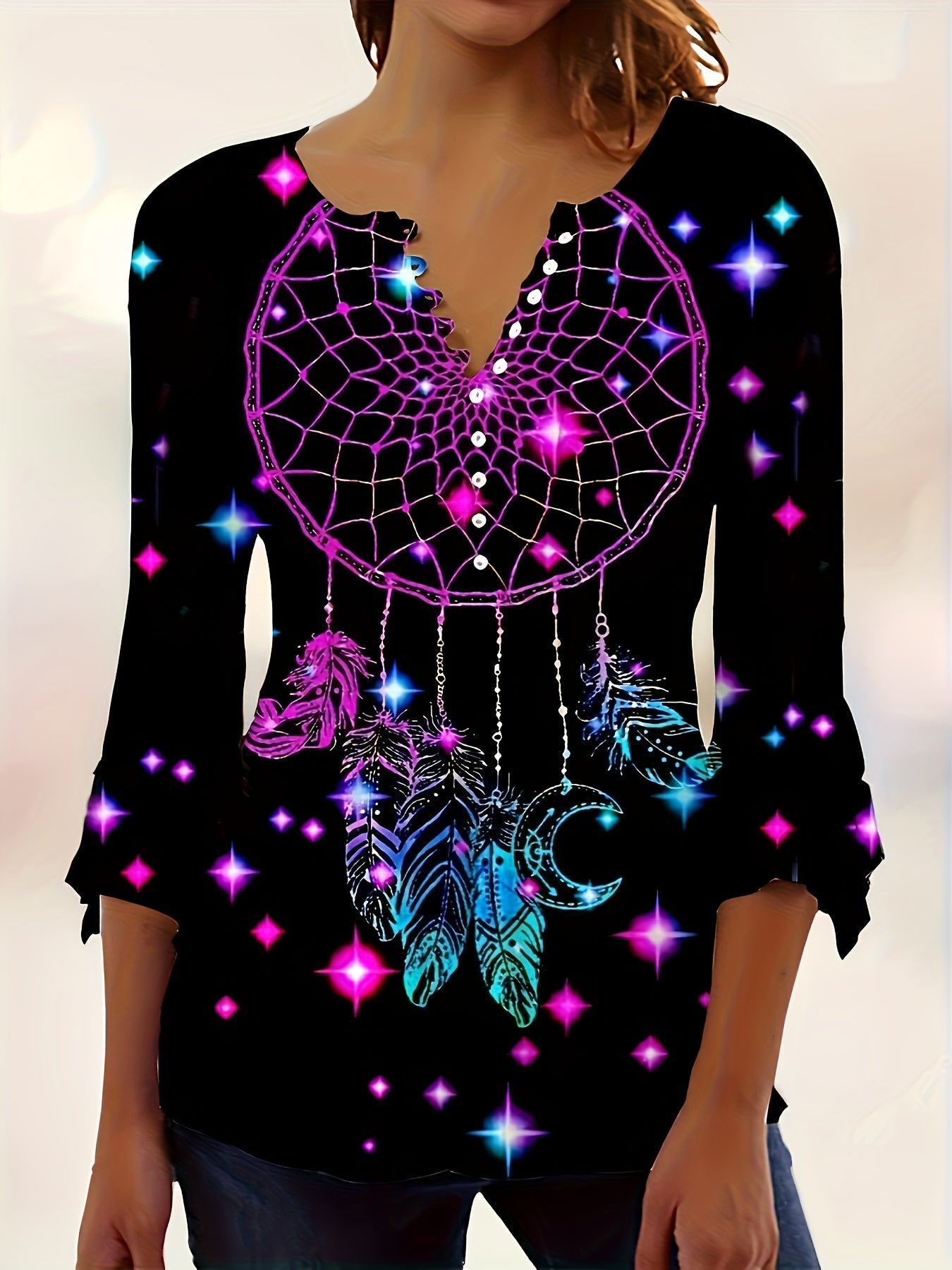 Spring And Autumn Colorful Print V-neck T-shirt with Button- Decoration And Irregular Sleeves