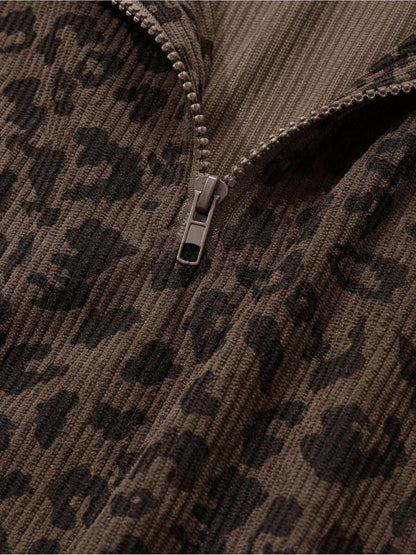 Women's Casual Leopard Print Zip-Up Long Sleeve Sweatshirt - Loose Fit, Half-Zip Design, Brown & Black Retro Style, Cozy Fall/Winter Wear, Leopard Print Sweater