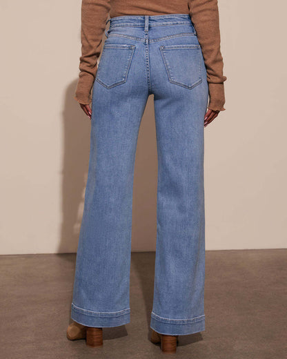 1pc Women'S High-Waist Wide-Leg Jeans, Vintage Wash Trousers with Pocket Detail, Trendy Loose-Fit Pants Casual Outfits