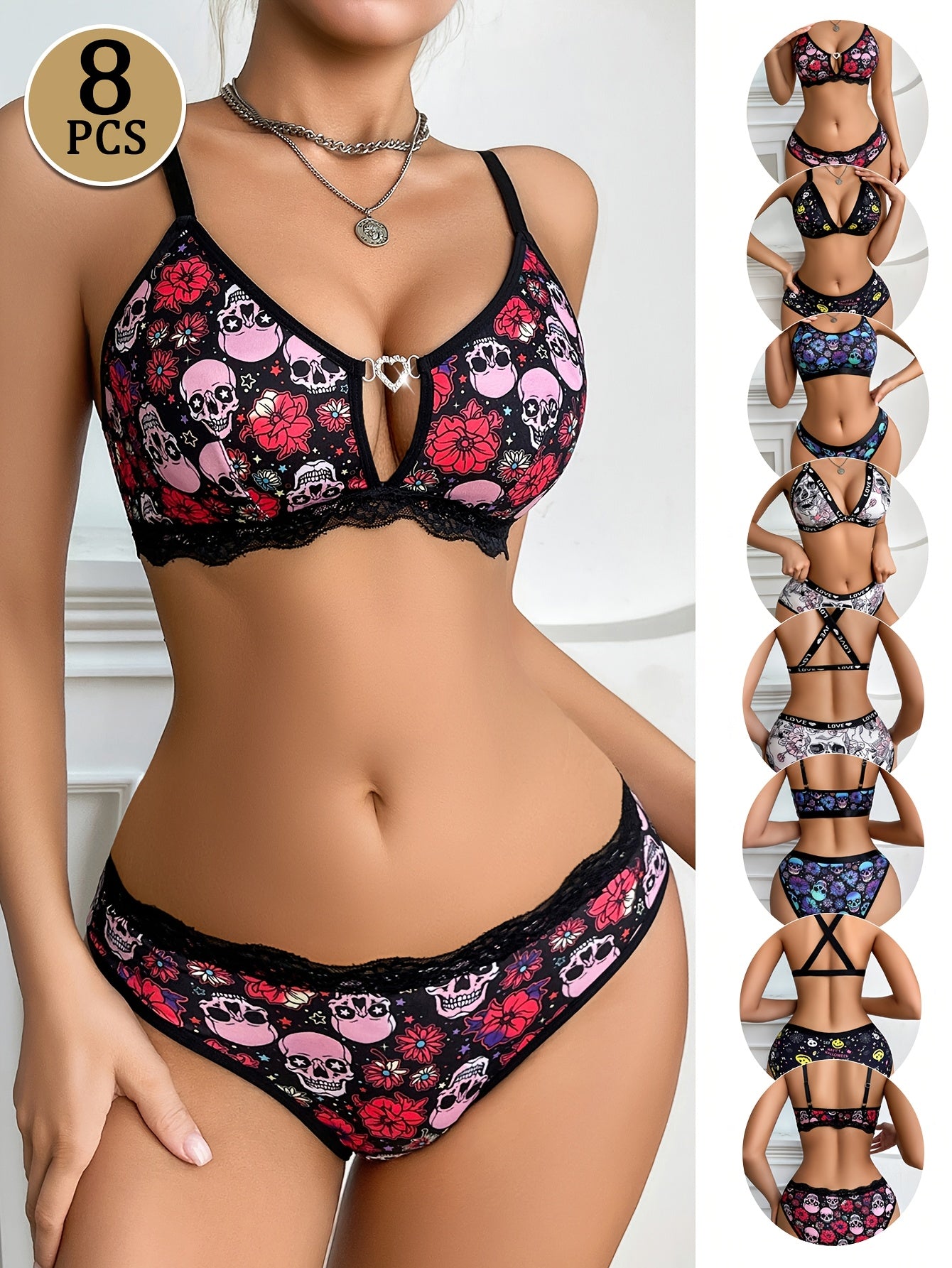 8pcs Sexy Women's Lingerie Sets, Comfortable Sporty Front Closure Bra And Panty Sets, Skull And Floral Prints, Crisscross Shoulder Straps, Breathable And Quick Drying, Suitable for Casual Attire And Exercise, Halloween Lingerie Sets