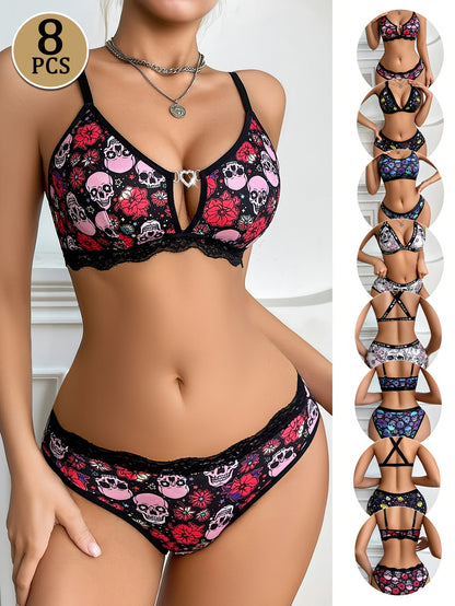 8pcs Sexy Women's Lingerie Sets, Comfortable Sporty Front Closure Bra And Panty Sets, Skull And Floral Prints, Crisscross Shoulder Straps, Breathable And Quick Drying, Suitable for Casual Attire And Exercise, Halloween Lingerie Sets