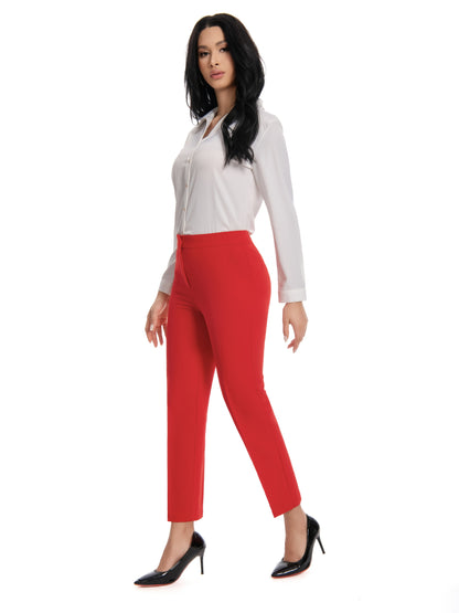Women'S Mid Waisted Slim Fit Ankle Length Stretch Trousers Vibrant Red High Stretch Fabric with Pockets, Elegant Office Workwear & Evening Out Pants, Machine Washable All-Season Versatile Bottoms, Formal Attire Trousers, Easycare Trouser