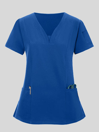 2pcs Women's Breathable V-Neck Work Uniform - Machine Washable Pocket Detail Matching Top & Pants, Casual Work Clothes Suitable for Work Uniforms, Healthcare, Education, Retail - Comfortable Professional Attire