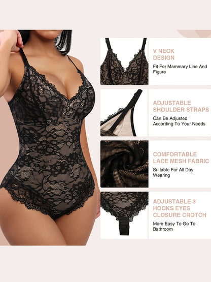 Sleeveless V-Neck Lace Bodysuit for Women, Tummy Control Shapewear Jumpsuit