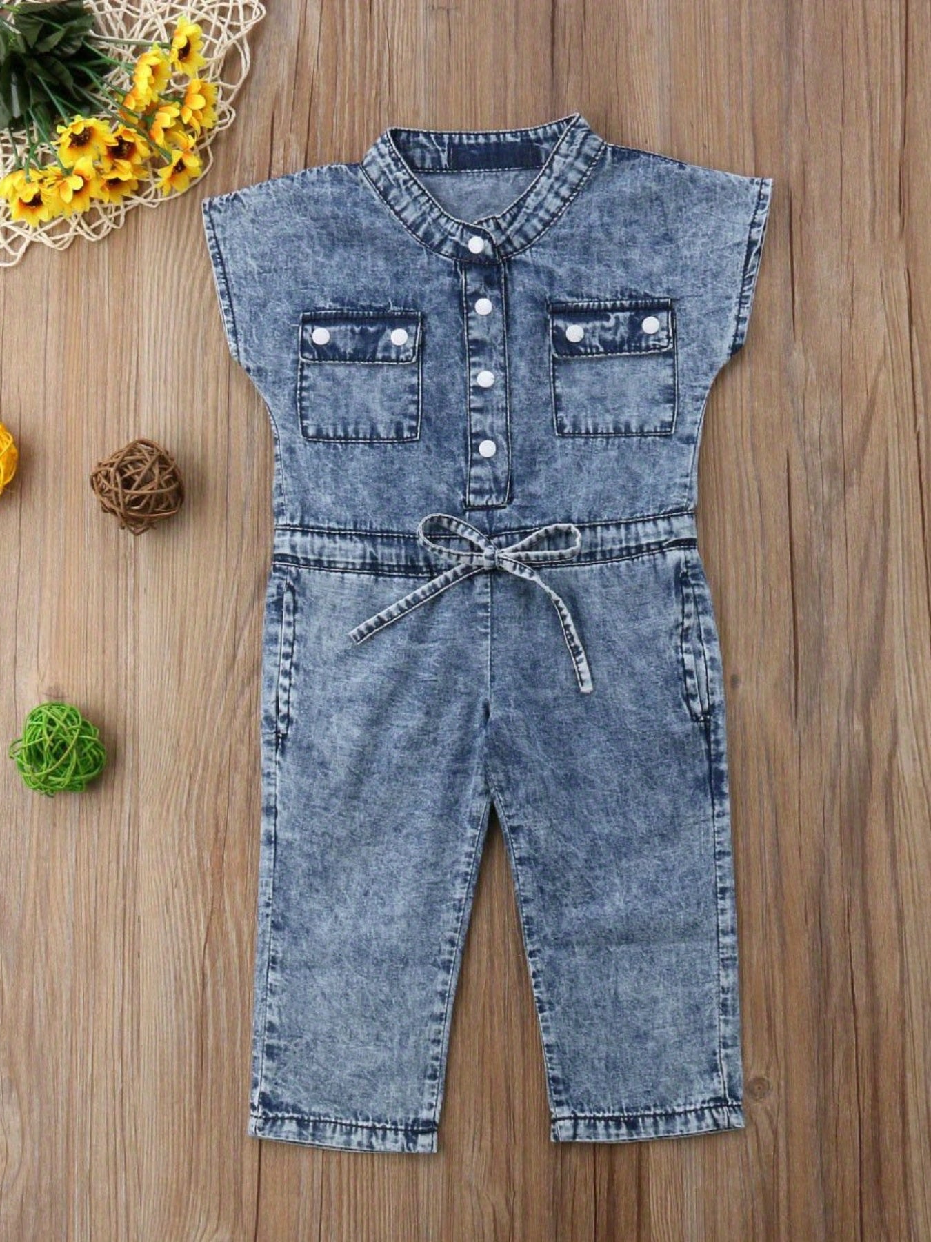 Little Kids Girls Fall Denim Jumpsuit - Sleeveless Folded Collar Button- One-Piece with Chest Pockets Long Pants, Easy Soft Daily Outing Photo Prop Leisure Autumn Clothes, for Outdoor