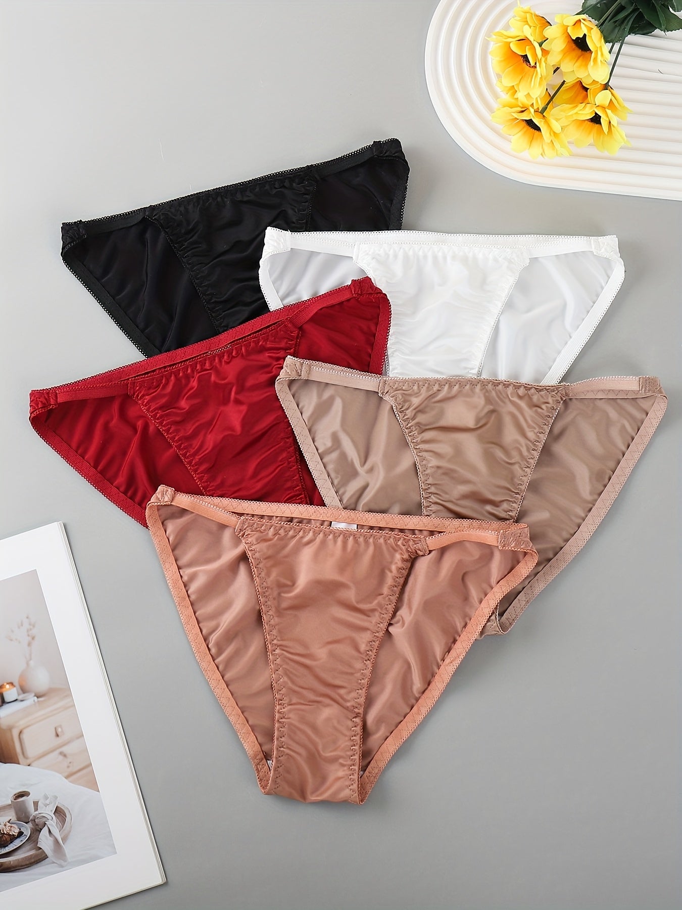 5pcs Women's Underwear Ice Seamless Low Waist Thin Belt Underwear V-shaped Solid Color Underwear