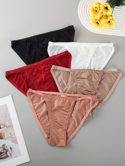 5pcs Women's Underwear Ice Seamless Low Waist Thin Belt Underwear V-shaped Solid Color Underwear