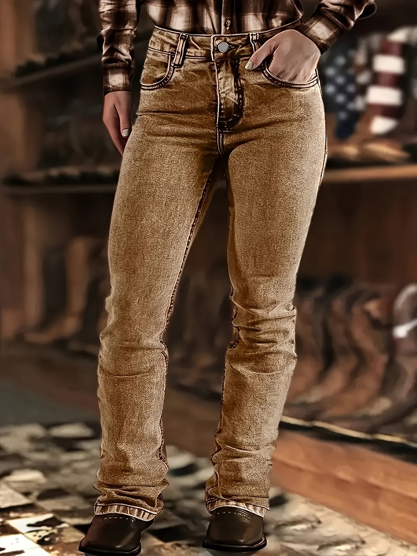 HME Autumn/Winter New Arrival - Nostalgic Western Denim Style, Heavy-Duty Distressed Snowflake Washed and Dyed, Women's Flared Jeans, Suitable for All Seasons, Comfortable Fabric, Fashionable, Simple, and Versatile Flared Pants, No Belt Included